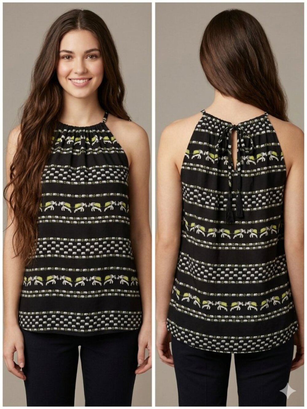 Crown & Ivy Elephant Print Halter Top XL Navy Blue Green Sleeveless Blouse Boho